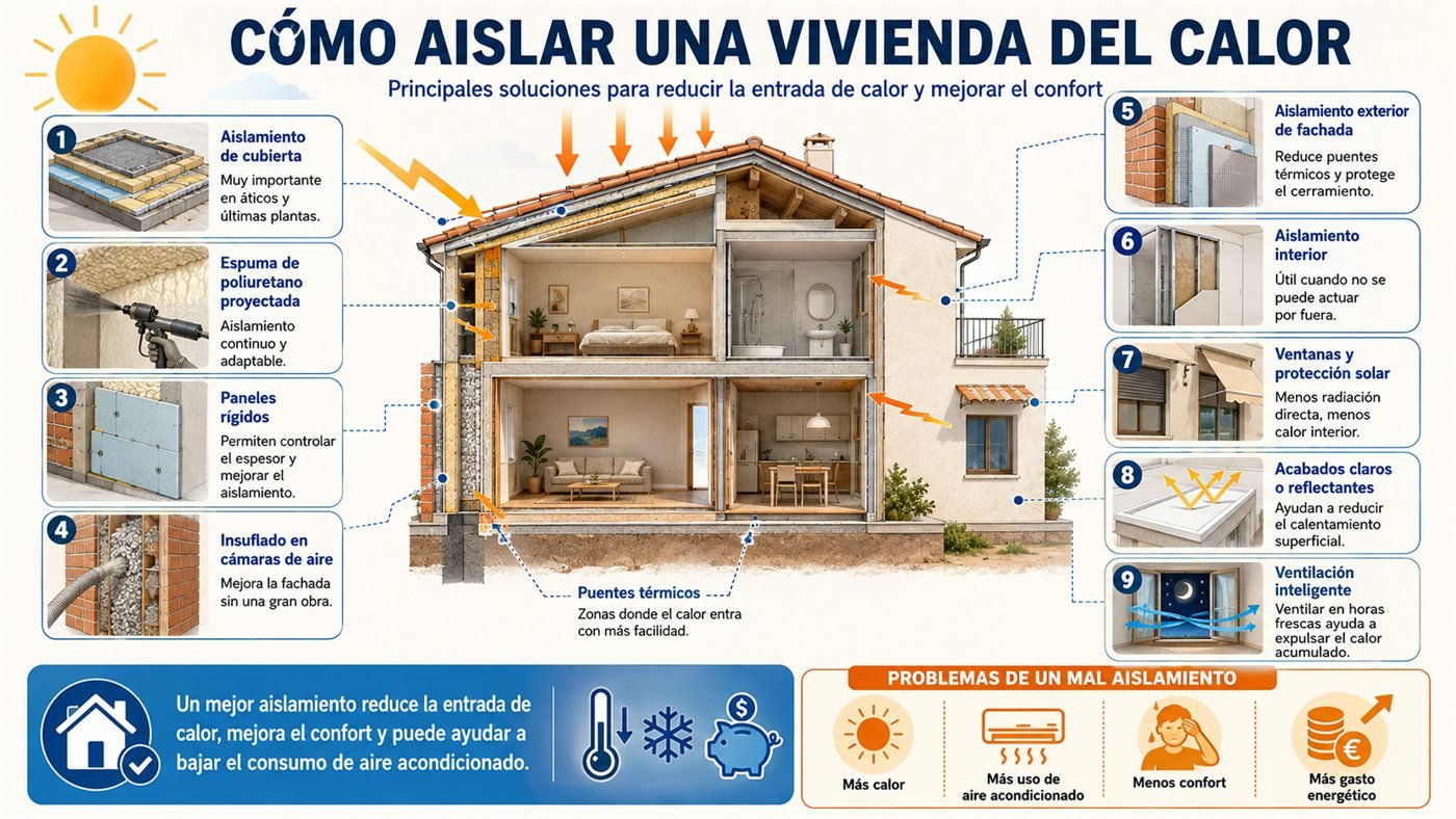 Esquema de las principales entradas de calor en una vivienda a través de la cubierta, las fachadas y las ventanas