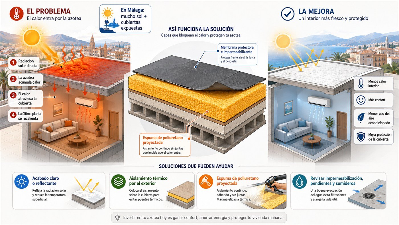 Infografía que muestra cómo el calor entra por una azotea y cómo puede reducirse mediante aislamiento exterior