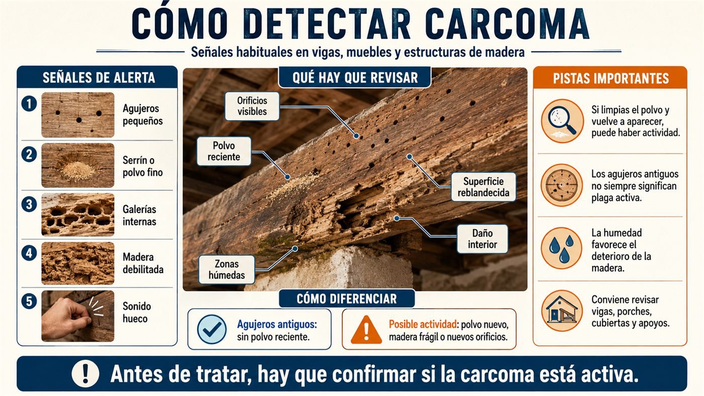 Señales habituales de carcoma en una estructura de madera, con orificios de salida y residuos bajo la pieza