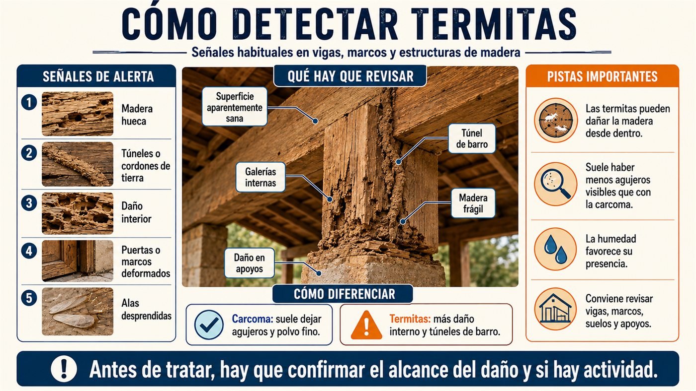 Señales de termitas en una estructura de madera, con galerías interiores y recorridos terrosos