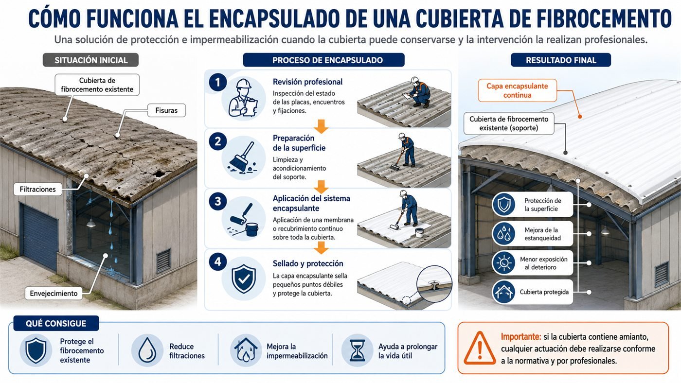 Proceso de encapsulado de una cubierta de fibrocemento mediante un sistema continuo de protección