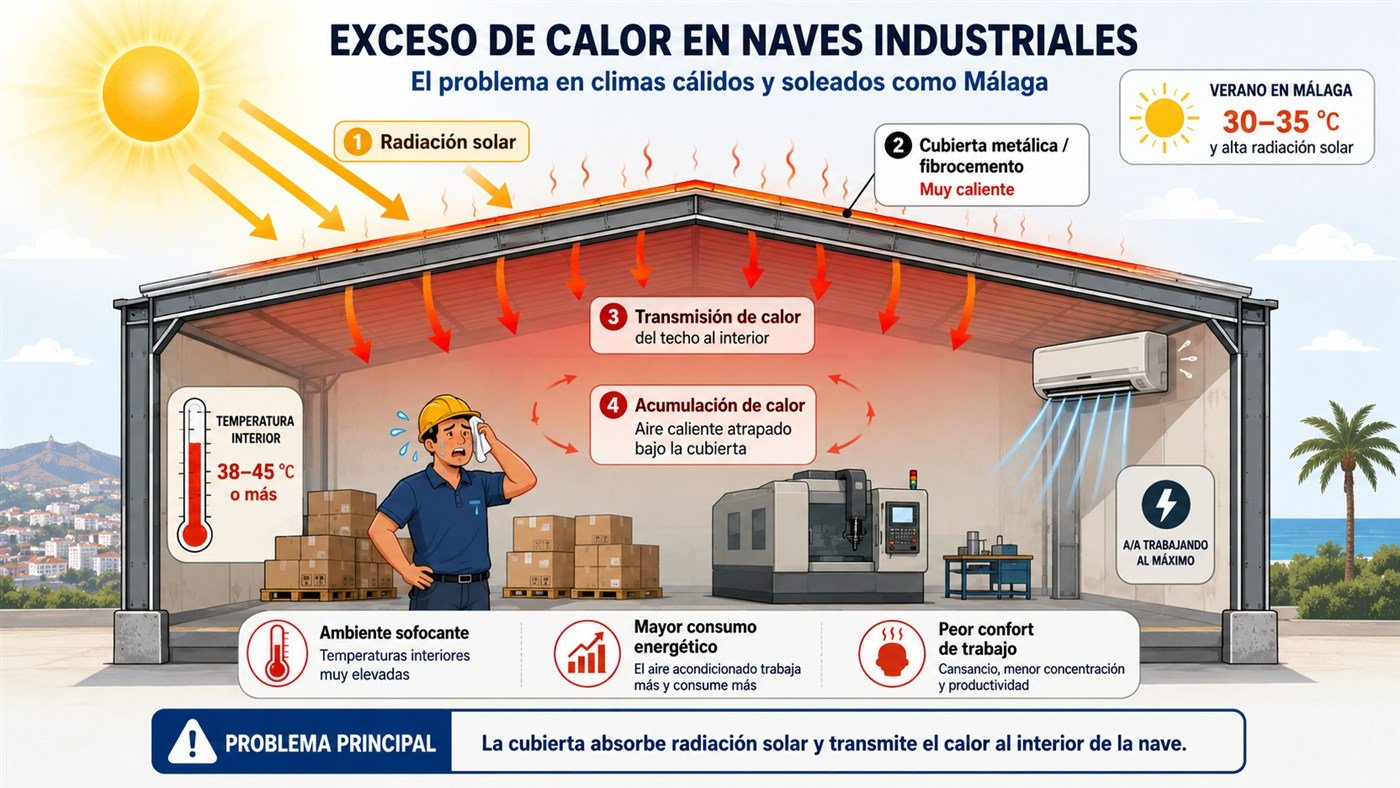 Infografía sobre cómo la radiación solar calienta la cubierta de una nave y transmite calor hacia el interior
