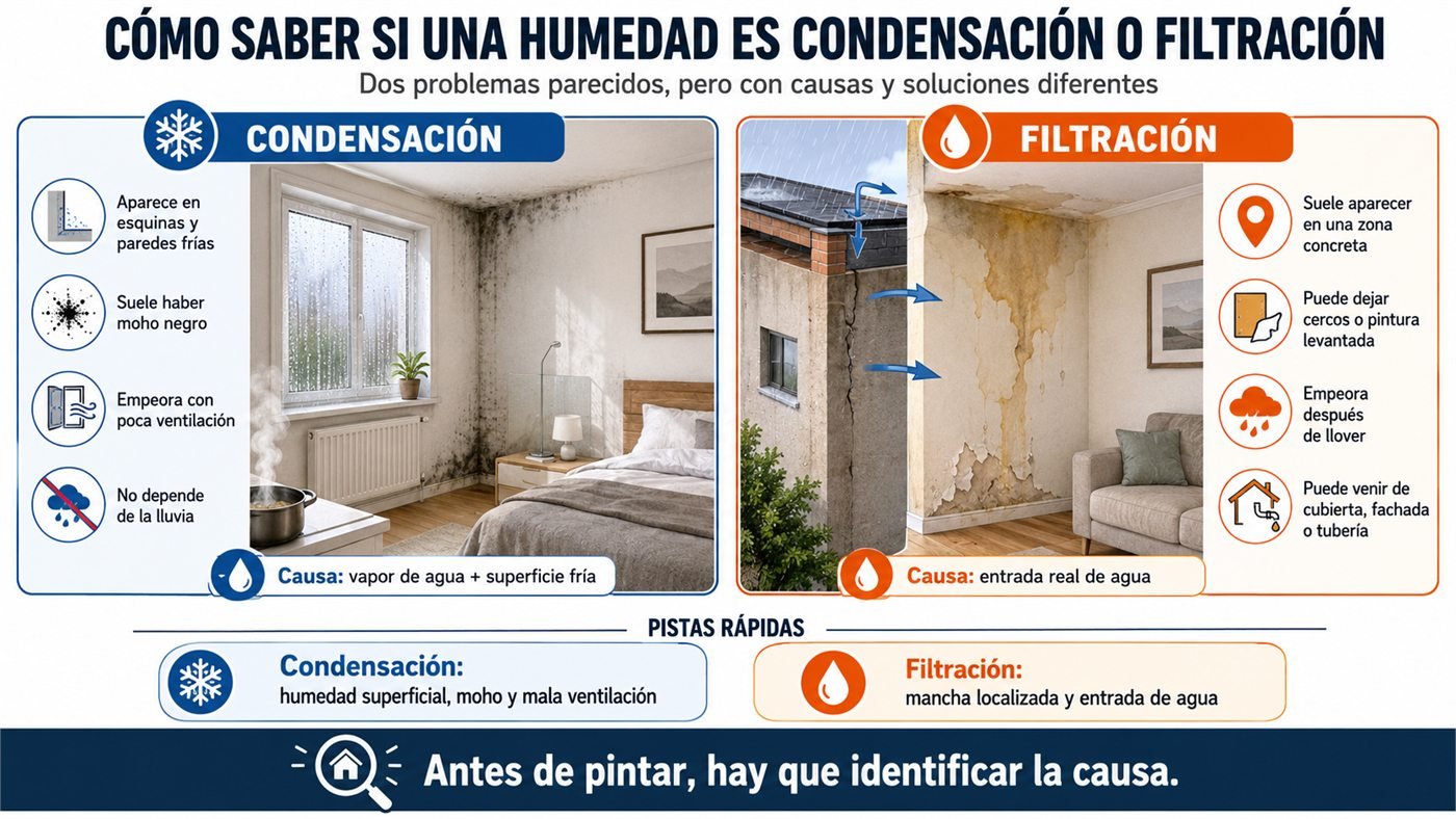 Comparación visual entre una humedad por condensación y una humedad causada por filtración