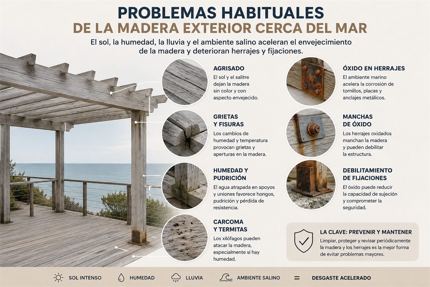 Madera exterior expuesta al sol, la humedad y el ambiente salino en una zona costera