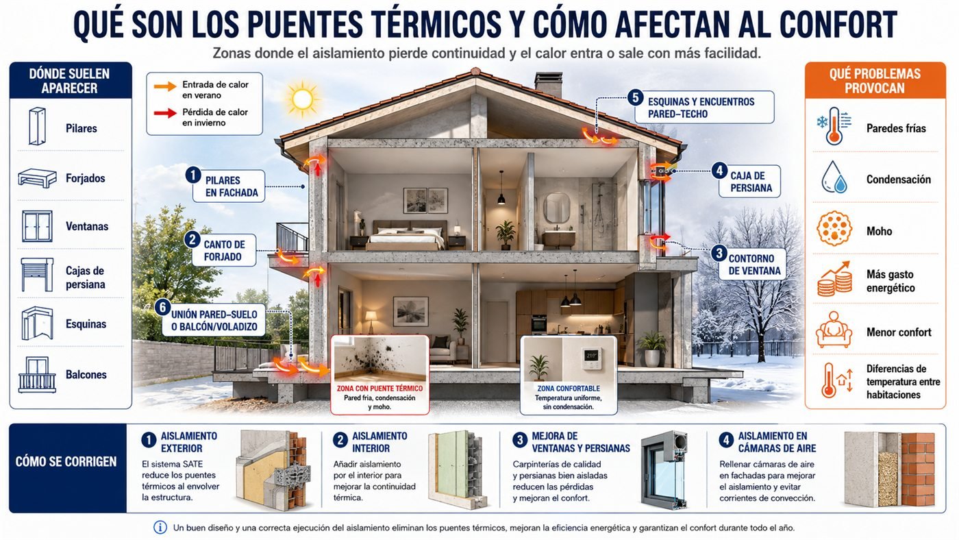 Esquema de puentes térmicos habituales en pilares, frentes de forjado, esquinas y contornos de ventanas