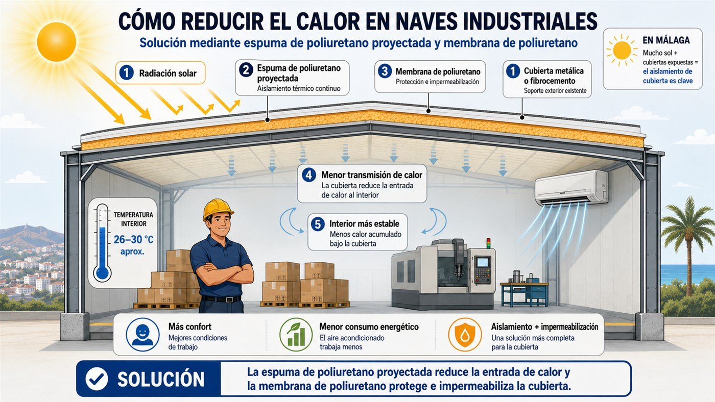 Infografía de una cubierta industrial aislada con espuma proyectada y protegida mediante una membrana de poliuretano
