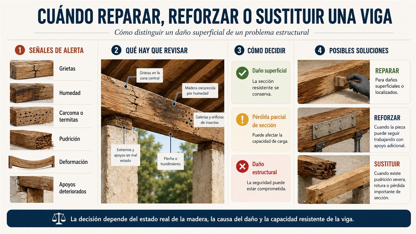 Infografía con señales de daño en vigas de madera y criterios generales para reparar, reforzar o sustituir