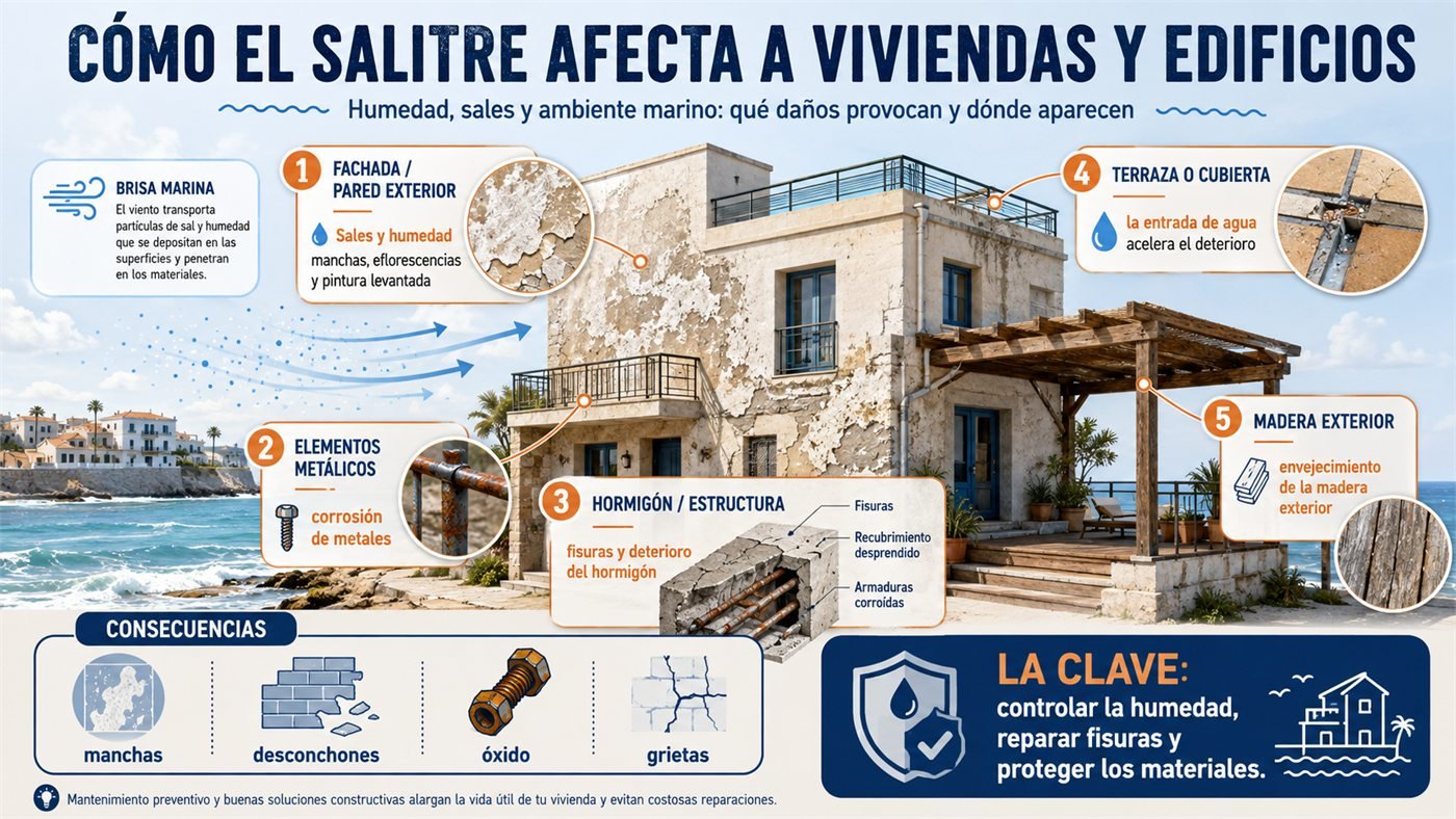 Efectos del salitre y el ambiente marino sobre una vivienda próxima a la costa
